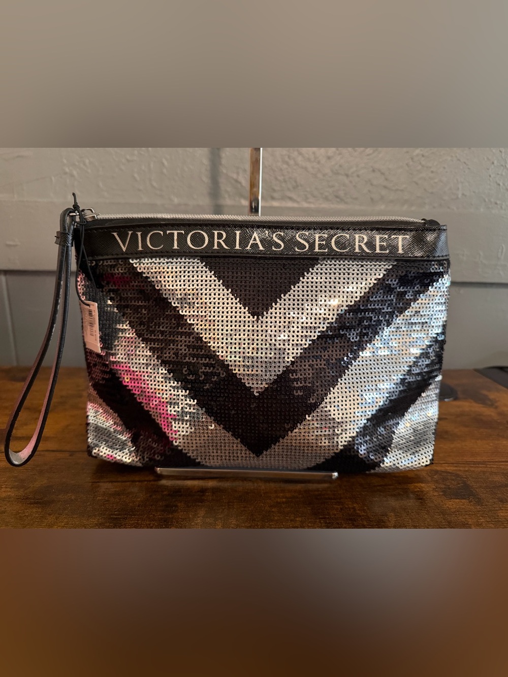 Victoria's Secret Black, Silver & Pink Sequin Chevron Wristlet